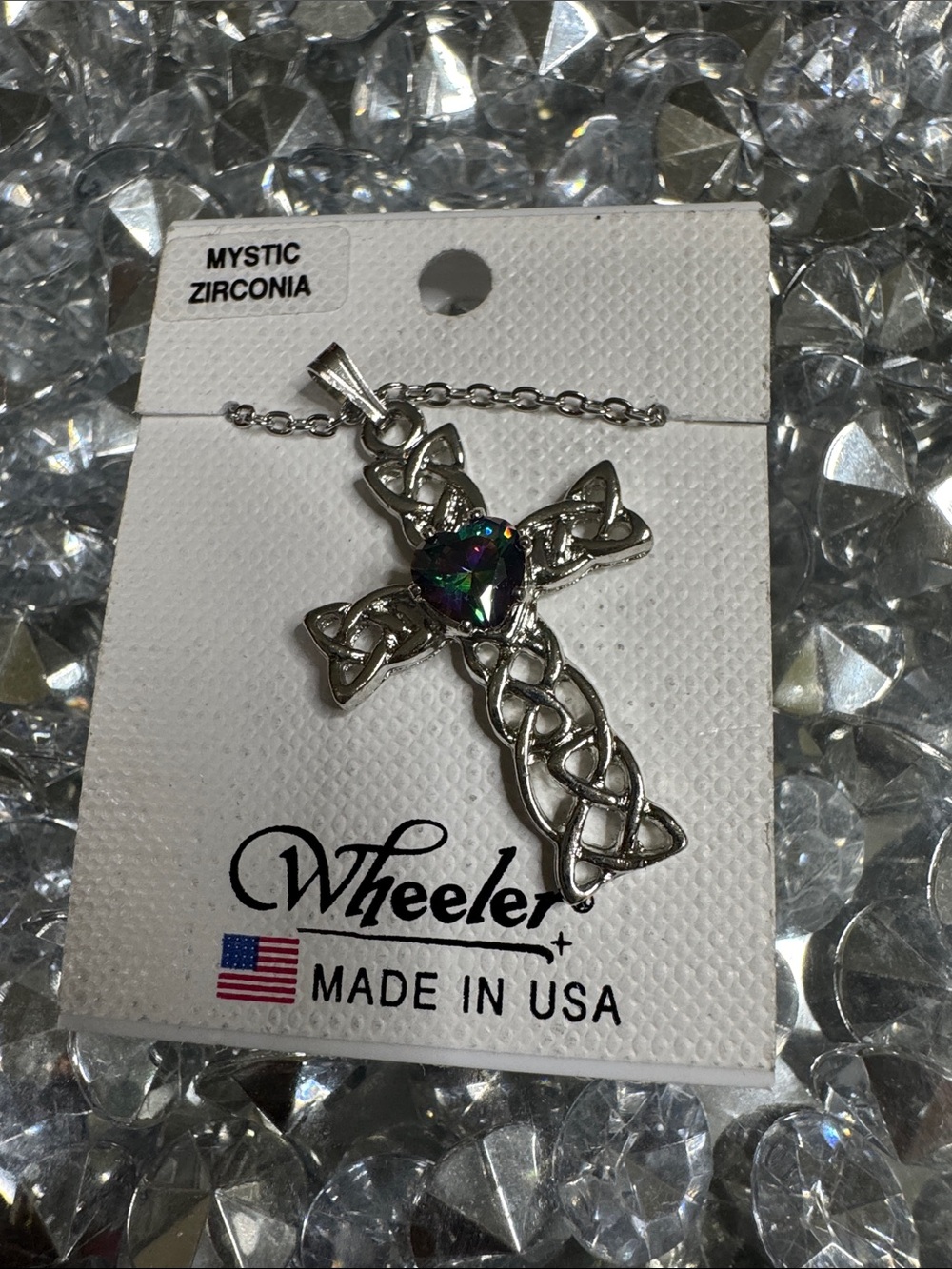 Mystic Zirconia Silver Celtic Cross Necklace NEW